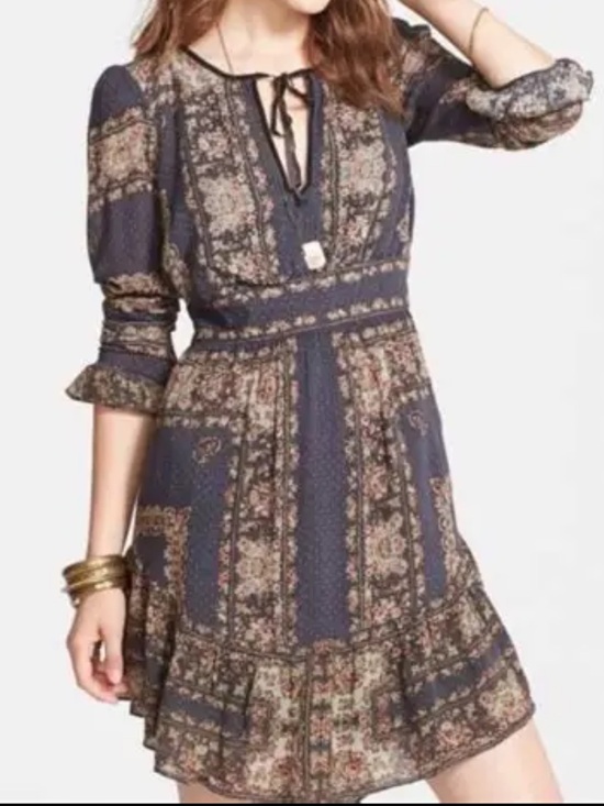 Free People Dresses & Skirts - Free People Bridgette Mini Dress Brown Floral V Neck Tie Long Sleeve Peasant-S